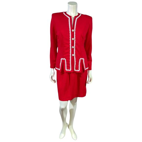 Pablo Collection Red Polyester Skirt Suit with White Loop Trim 1980s Power Suit - Picture 2 of 11